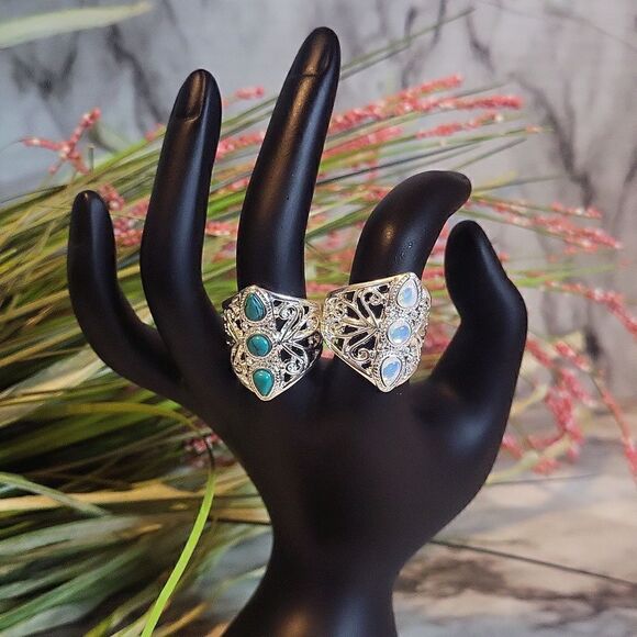 Vintage Style Silver Plate Ring With Stones Encrusted Turquoise - Picture 3 of 11